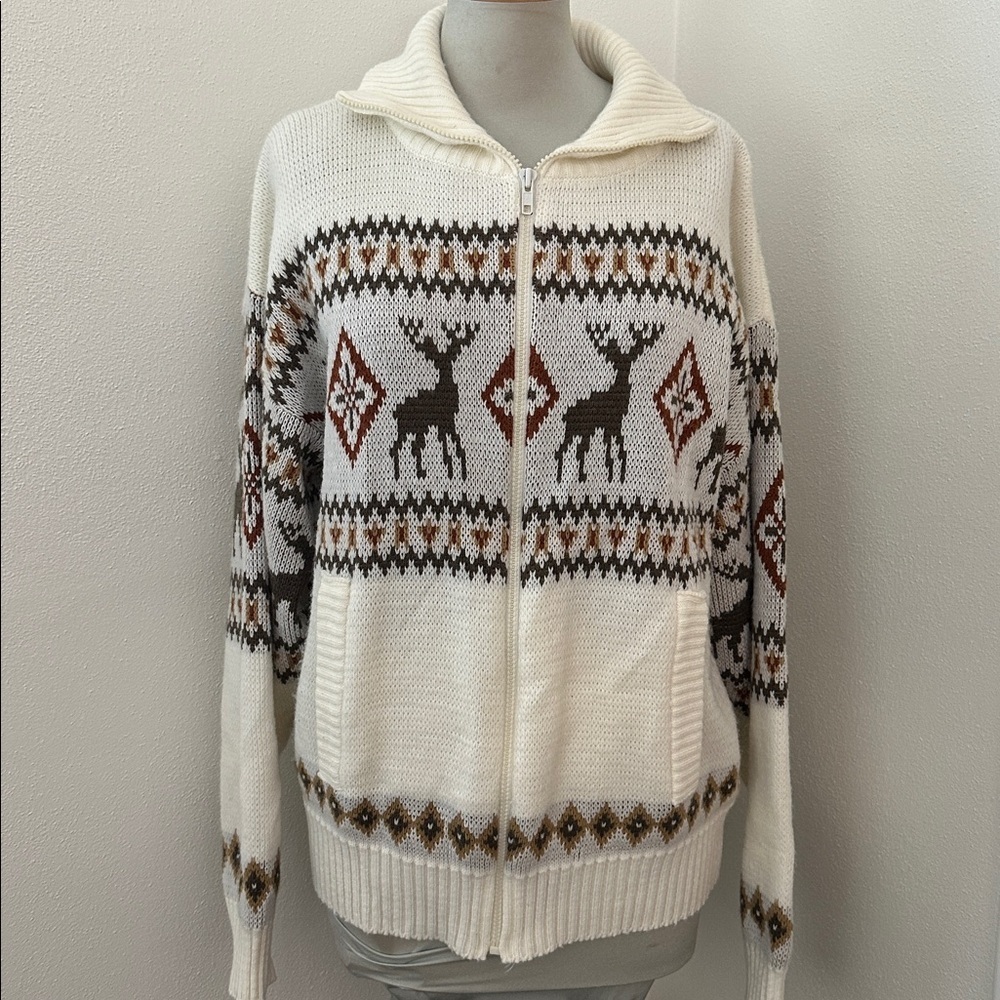 Vintage reindeer holiday Christmas zip up sweater large L ivory cream